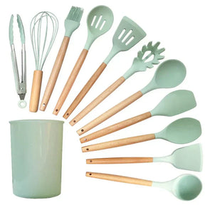 Kit Utensílios de Cozinha 12 Peças - Silicone com Cabo de Madeira