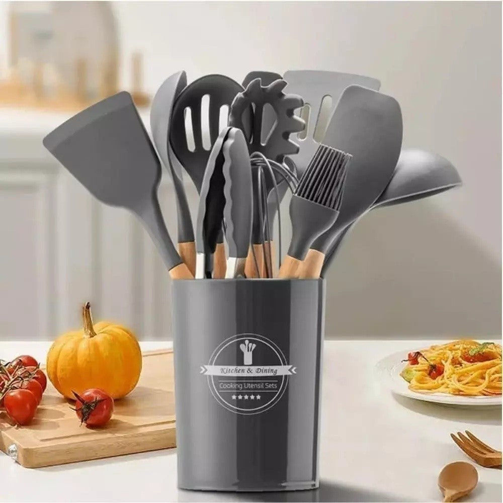 Kit Utensílios de Cozinha 12 Peças - Silicone com Cabo de Madeira